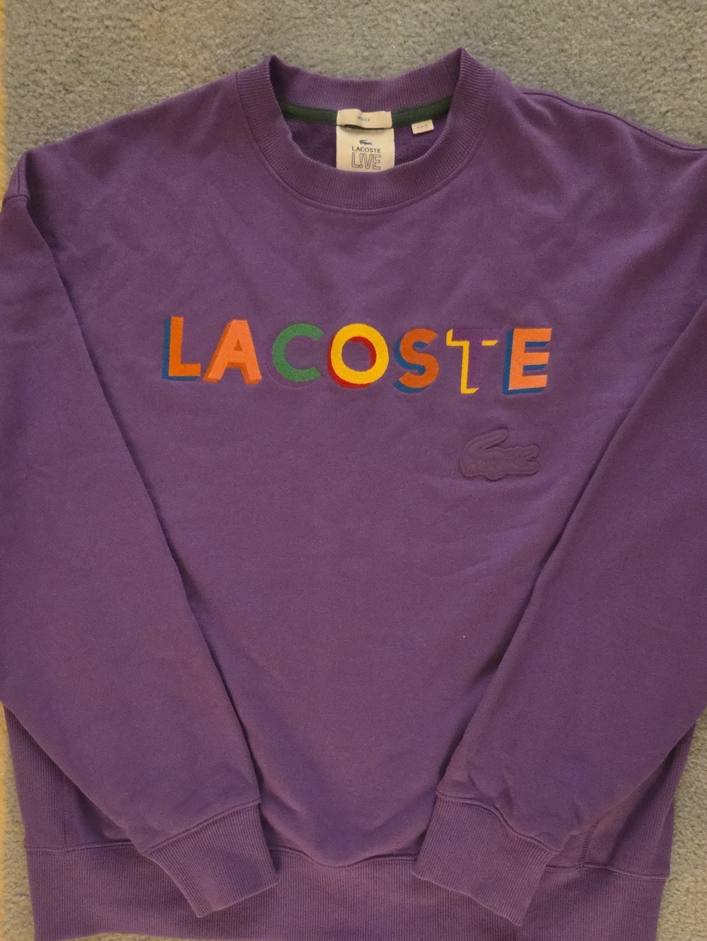 Lacoste L!VE Purple Crewneck Sweatshirt Multicolor Embroidered Spellout Logo, M